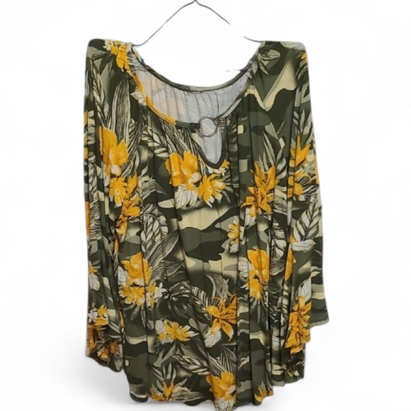 Tops - Women's Olive Green Floral Tunic Top with Yellow Flower Print